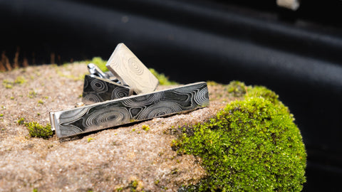 Stainless Damascus Steel Cuff link and Tie clip set